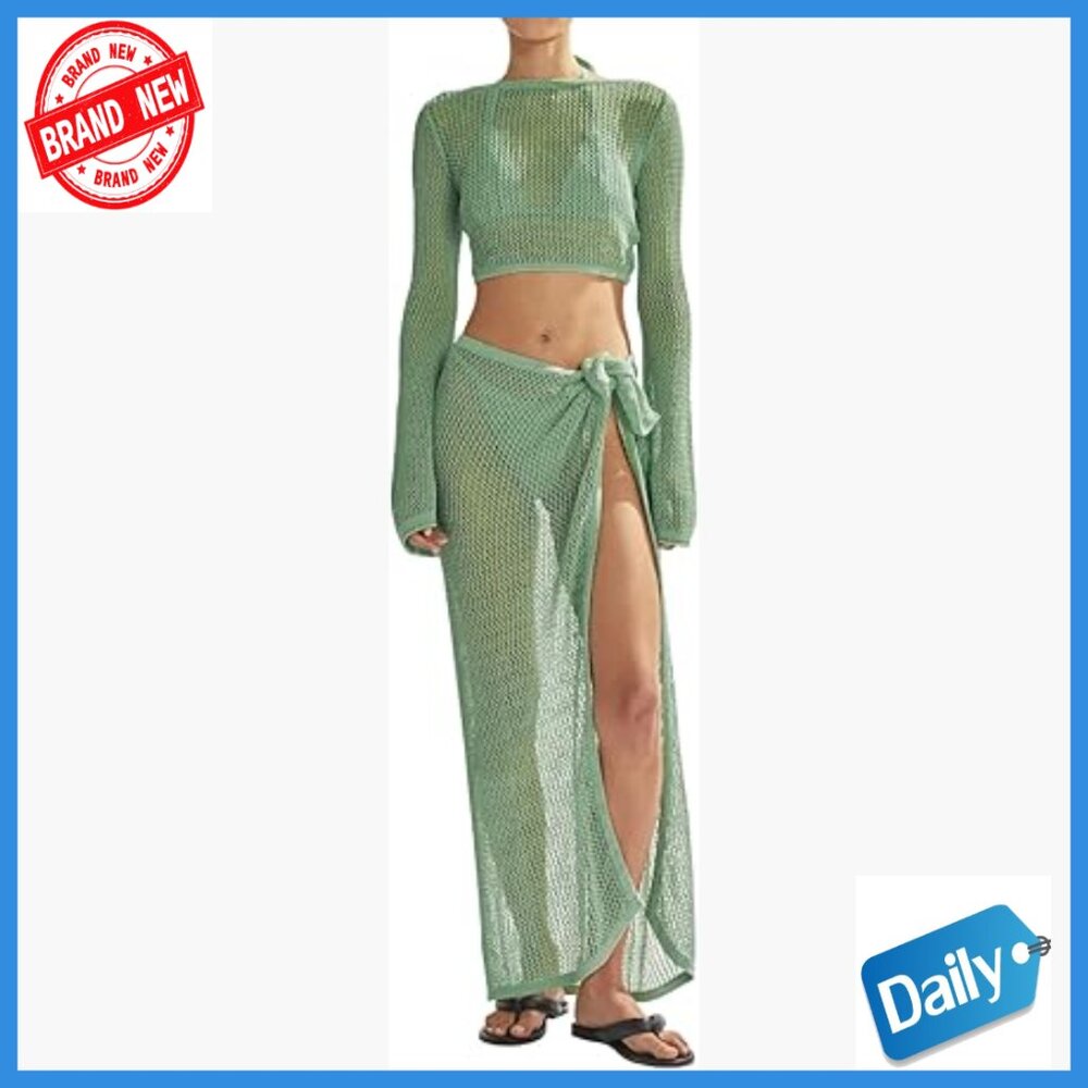 Crochet Hollow Out Mesh Cover Up Set with Long Sleeves Medium - Picture 1 of 7
